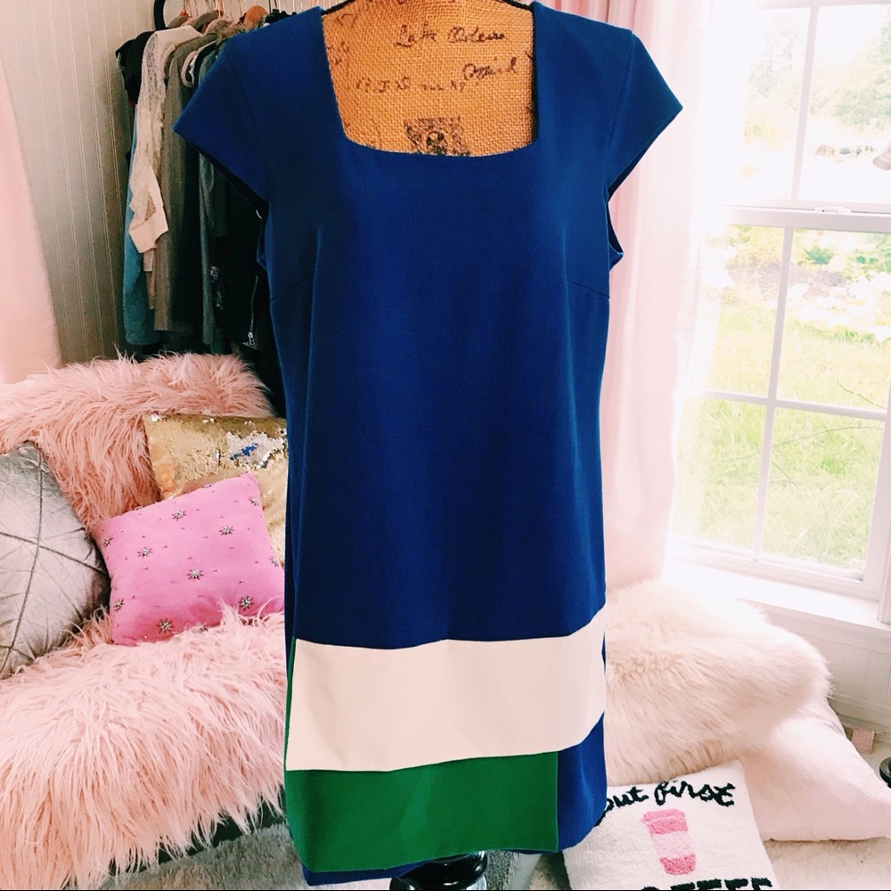Sharagno Blue Colorblock Shift Career Dress Sz 14